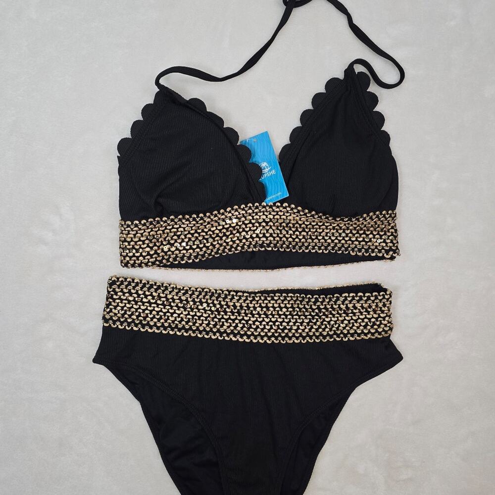 Cupshe Black scalloped bikini with gold trim NWT sz Med
